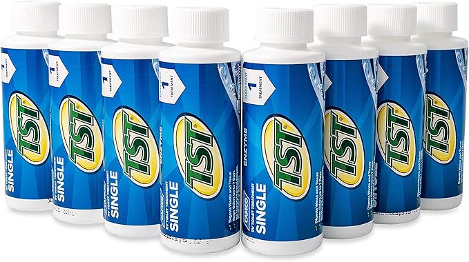 Camco TST Blue Enzyme Toilet Treatment - Formaldehyde Free - Breaks Down Waste And Tissue - Septic Tank Safe -Treats up to 8-40 Gallon Holding Tanks - (8) 4 oz Bottles (41501)