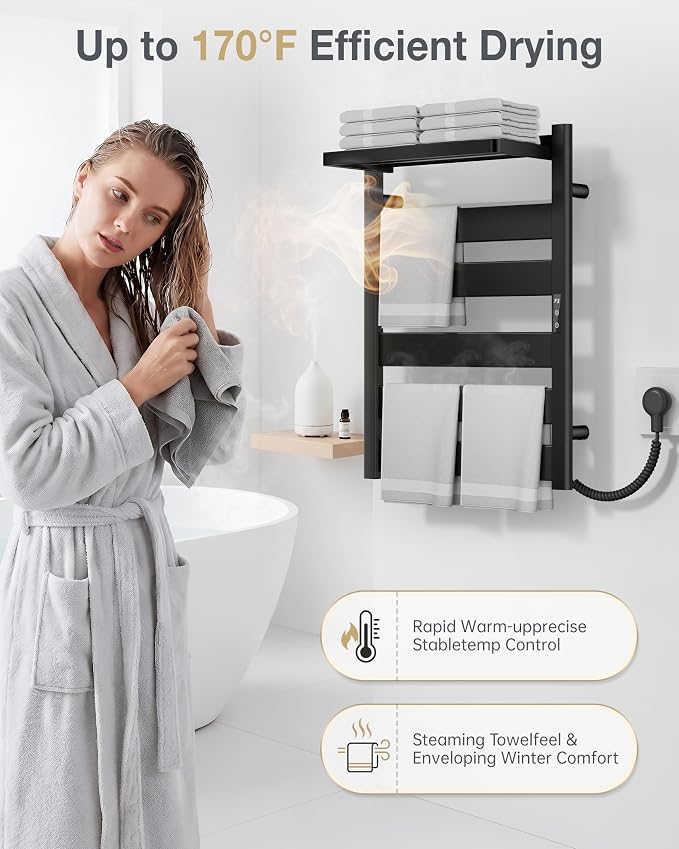 Heated Towel Rack for Bathroom, Wall Mounted Towel Warmer with Top Shelf, Fast PTC Heating in 6 Minutes, 4 Temperature Levels 110–170°F, 2–12H Timer, Space Aluminum Electric Towel Warmer Rack, 350W