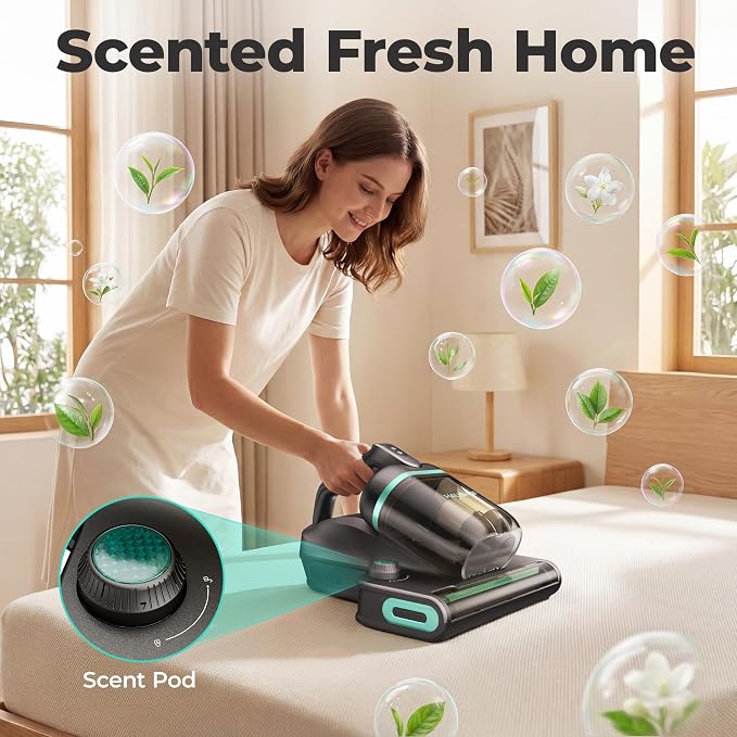HAUSHOF Cordless Mattress Vacuum Cleaner, Bed Vacuum Cleaner with 275nm UVC Light, 17kPa, 140°F Heat, H12 HEPA Filter, 16.9oz Dual Cup, Vacuum for Couch, Bed, Furniture, Mattress Cleaning