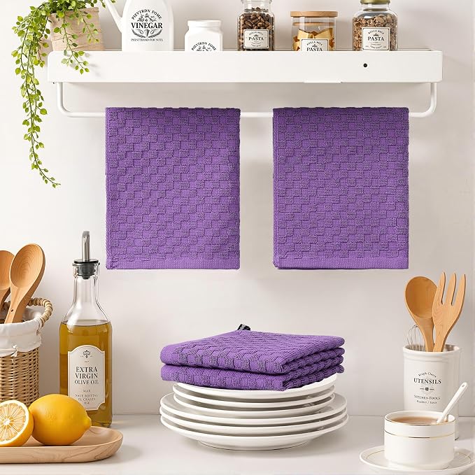 Homaxy 100% Cotton Terry Kitchen Dish Cloths, Ultra Soft Absorbent Dish Towels with Hanging Loop, Pineapple Grid Designed, 12 x 12 Inches, 6-Pack, Purple