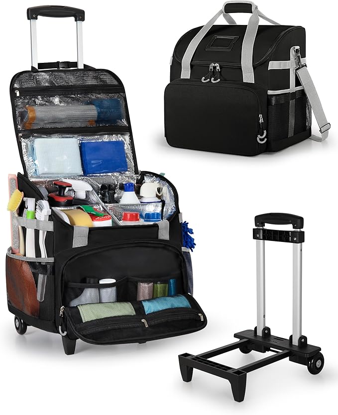 Marscamd Large Rolling Cleaning Caddy Bag with Detachable Trolley, Cleaning Supplies Organizer with Wheels for Housekeepers, Black