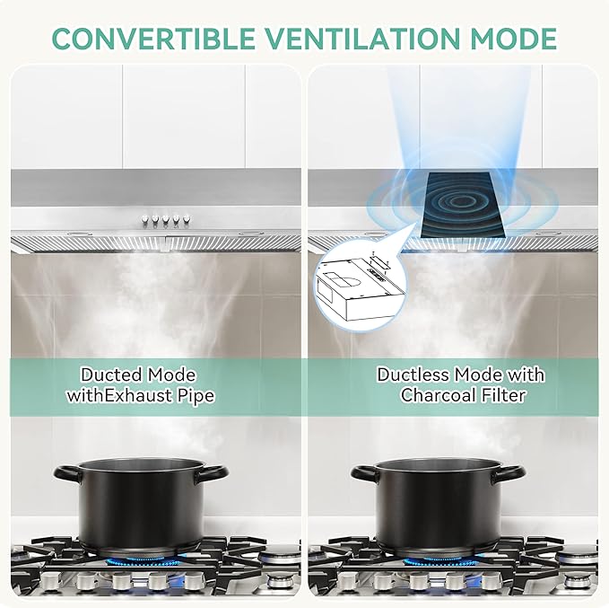 30 Inch Under Cabinet Vent Hood with Brighten Light | 550 CFM Large Flow| Ducted/Ductless Range Hood with Charcoal Filter| 3- Speed Touch Control | 6-Layers Grease Filters|