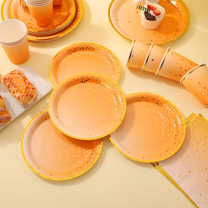 175PCS Orange Party Supplies, Fall Paper Plates and Napkins, Orange Paper Plates for Birthday, Fall Party Decorations, Thanksgiving Day, Serve 25 Guests