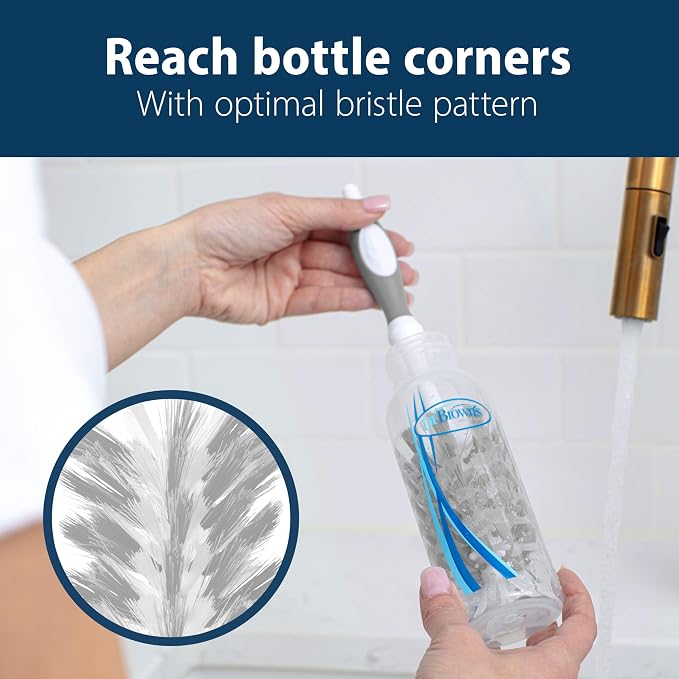 Dr. Brown's Deluxe Bottle Brush for Cleaning Baby Bottles, Nipples, and Sippy Cups with Suction Cup Stand and Vent Brush, BPA-Free, Gray, 1-Pack
