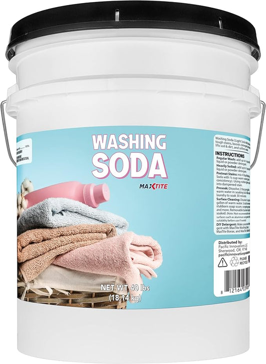 MAXTITE Washing Soda (40 lbs) - Natural Laundry Detergent Booster - Non-toxic, Unscented, Hypoallergenic 99.9% Pure Sodium Carbonate AKA Soda Ash Light Flakes - Convenient Easy-Open Resealable Pail
