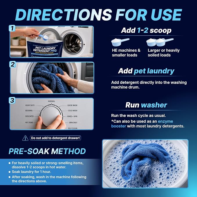 Pet Laundry Detergent Pro Enzyme Odor Remover - Deep Clean of Stubborn Stains - Urine (Dog, Cat, Puppy Accidents), Feces & Vomit, Saliva & Drool, Sweat & Body Oils, Food Spills - HE Support - 70 Loads