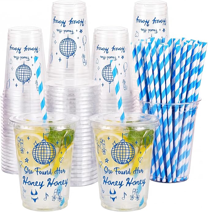 Qinyoung 50 Sets She Found Her Honey Honey Bridal Shower Decorations Disco Plastic Cups with Lid and Straws 16 oz Bachelorette Party Decorations for Engagement Wedding Guest