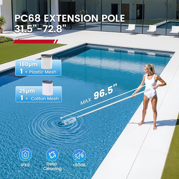 ENHULK PC68 Cordless Pool Vacuum, Upgraded 26.5 GPM Beast-Level Suction, 6' Extension Pole, 2 Filters, 1H Runtime, Handheld Rechargeable Pool Cleaner for Above Ground & Inground Pools