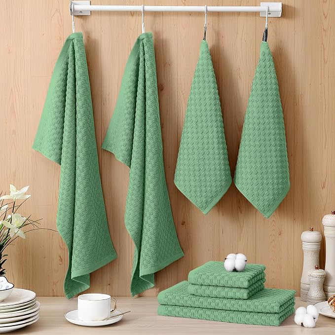 Homaxy 100% Cotton Kitchen Towels and Dishcloths Set, 12 x 12 & 15 x 25 Inches, Set of 16 Bulk Terry Cloth Dish Towels, Super Soft and Absorbent Hand Towel with Hanging Loop, Grass Green