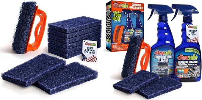 Citrusafe Grill Cleaning Kit - BBQ Cleaner Spray, Grill Exterior Spray, 2 Scrubber handles and 12 Scrubbing Pads
