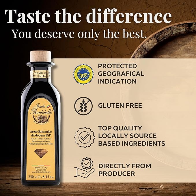 Balsamic Vinegar of Modena 8.45 fl.oz. (250ml), FONDO MONTEBELLO IGP-Certified, Dense and Delicious Balsamic Vinegar, Perfect for Salads, Meats and Desserts - Product from Italy