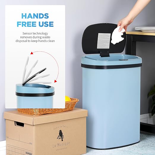 Furniture of America Verbena 13 Gallon Metal Household Trash Can with Motion Sensor Lid for Kitchen, Blue
