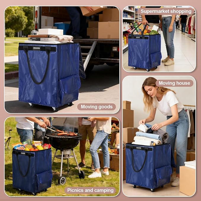 (Medium,Blue) Reusable Grocery Bag on 4 Wheels, 70L Foldable Rolling Tote Bag with 3 Handles and Zipper, Rolling Shopping Cart for Groceries, Storage, Laundry, Travel, Organizer, 76lb