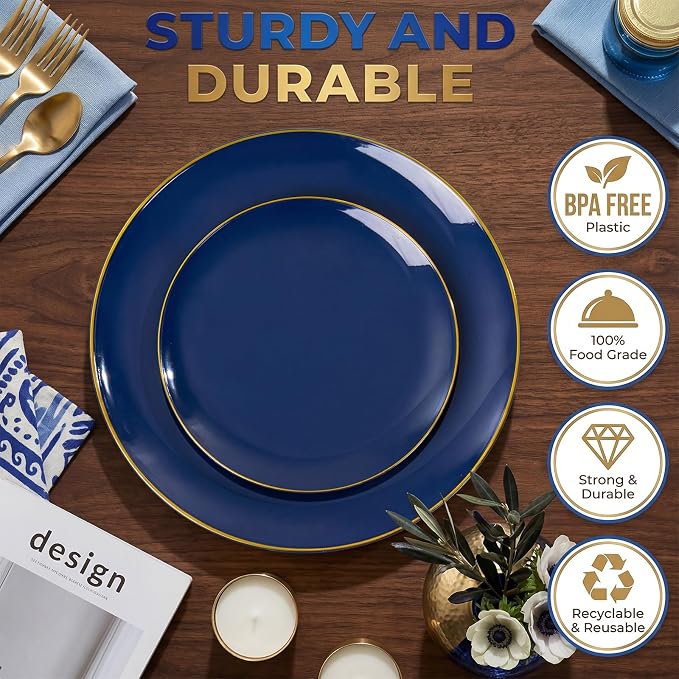 KIRE 350Pcs Blue and Gold Plates -Heavy Duty Navy Blue Dinnerware Set - 100 Plastic Plates 50 Pre Rolled Napkins with Gold Plastic Silverware 50 Cups for Party/4th of July/Wedding