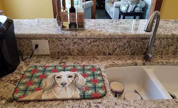 Caroline's Treasures Longhaired Cream Dachshund Christmas PoinsettIas Dish Drying Mat Absorbent Dish Drying Mat Pad for Kitchen Counter Dish Drainer Mat for Countertop, 14 x 21", Multicolor