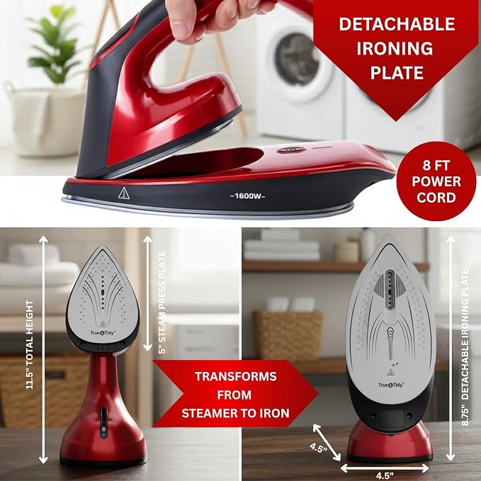 True & Tidy DuoPress XL 2-in-1 Clothes Steamer & Iron, 1600W Powerful Turbo Steam, Large Ceramic Plate, Smart Temperature Control, 3 Steam Modes