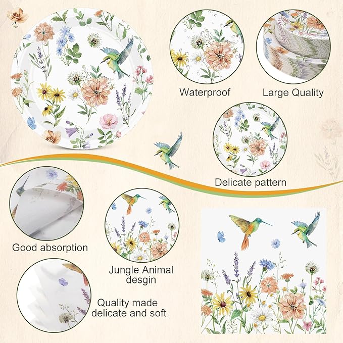 Pickmesh 250 Pcs Spring Wildflower Decoration Floral Hummingbird Themed Disposable Paper Plates Napkins and Cups Dinner Tableware for Birthday Party Dinnerware Birthday Baby Shower Tea Party Supplies