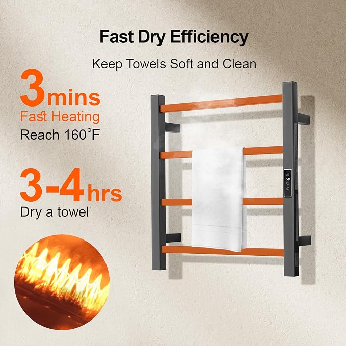 Electric Heated Towel Warmer - Wall Mounted Bathroom Towel Rack, Plug-in Design & Brushed Stainless Steel Finish Gunmetal with Timer & Temperature Control 4 Bar