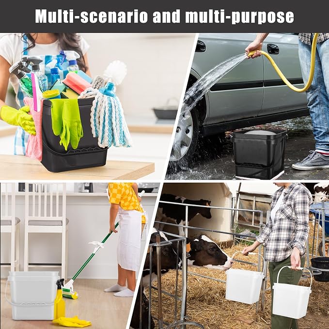 Mifoci 4 Pcs Plastic Bucket 5 Quart Square Cleaning Bucket Utility Small Pail with Handle for House Cleaning Storage Livestock Feeding Car Washing (White,Black)