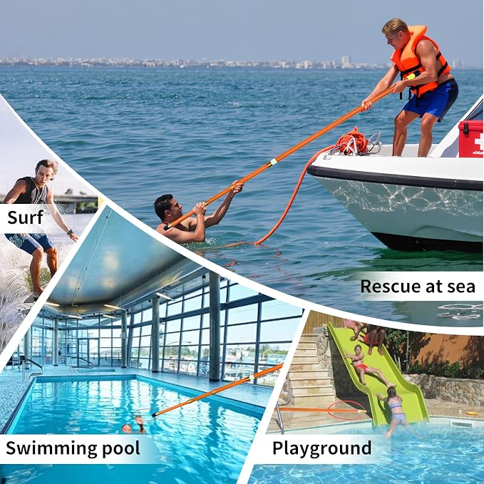 14.8ft Telescopic Pool Rescue Hook | OSHA Water Rescue Pole & Emergency Hook with Night Glow | Fiberglass Pool Safety Pole for Home/Water Parks