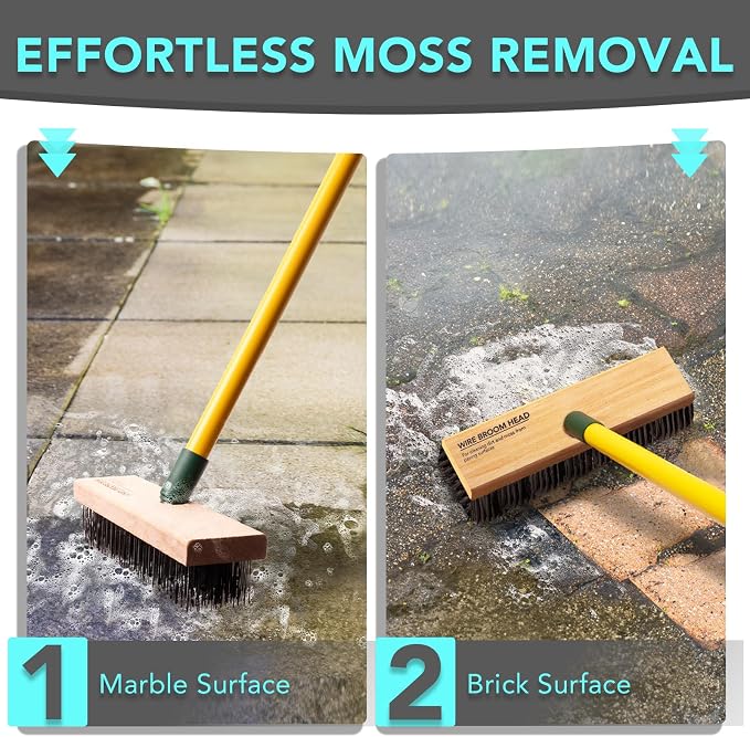 3-in-1 Wire Broom & Garden Brush Set – Adjustable 81-140cm Telescopic Handle with Nylon, Wire, and Gap Brushes for Weeding, Moss & Algae Removal, Patio Cleaning, Outdoor Scrubbing
