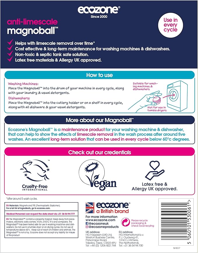 EcoZone Magnoball Anti-Limescale Device for Dishwashers & Washing Machines, Reusable Magnetic Limescale Remover & Descaler, Drum & Interior Cleaner, Vegan & Non Toxic, Scientifically Proven Result
