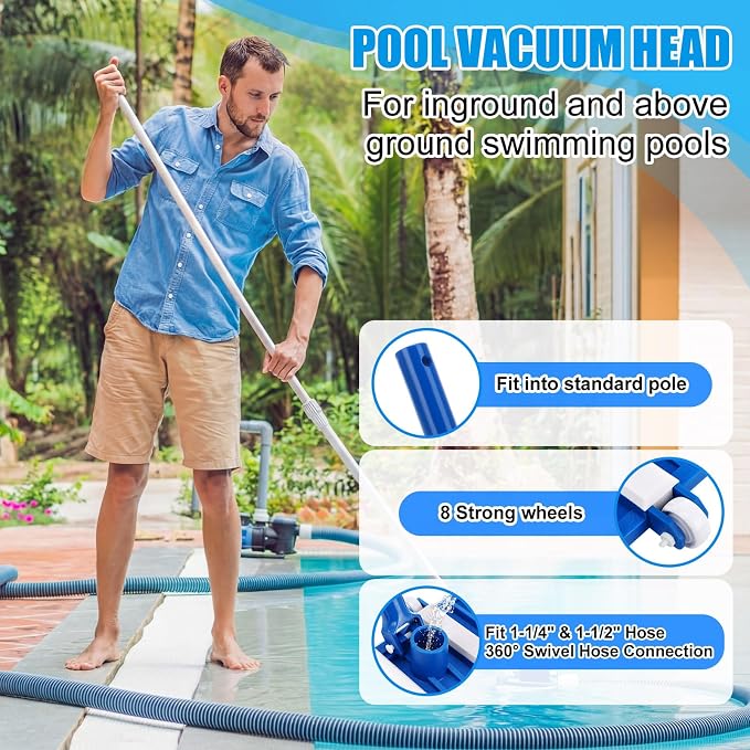 4 Pcs Swimming Pool Cleaning Kit Including Pool Vacuum Head with 1-1/2" x 30 ft Hoses Flexible Head with Wheels and Pole 14 '' Cleaning Brush for Inground Above Ground Swimming Supplies