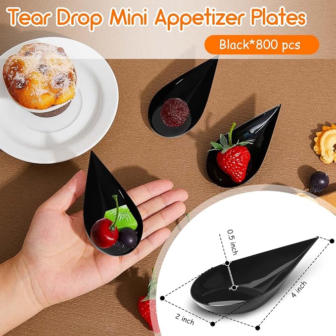 Tessco for you 800 Pcs 4" Tear Drop Appetizer Spoons Mini Appetizer Plates Reusable Tasting Spoons Plates Catering Supplies Disposable for Serving Small Desserts Cakes Bowls (Black)