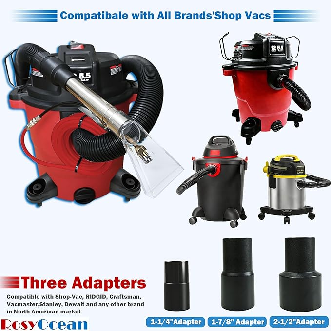 Universal Compatible with Any Brand Shop Vac Extractor Hose Kit Attachment with 2-1/2" & 1-7/8" & 1-1/4" Adapter Auto Detailing Wand Extraction Accessories for Upholstery & Carpet Cleaning