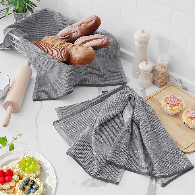 Homaxy Premium Kitchen Towels(18”x 28”, 3 Pack), Large Cotton Kitchen Hand Towels, Flat and Terry Dish Towels, 380 GSM Highly Absorbent Tea Towels Set with Hanging Loop, Grey