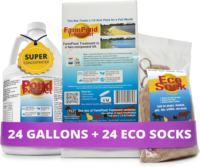TLC Farm Pond Treatment – PondPerfect Liquid & EcoSock Dual System, Pond Bacteria for Larger Outdoor Ponds – 1 Box Treats Up to 1/4 Acre – 24 Gallon + 24 EcoSock