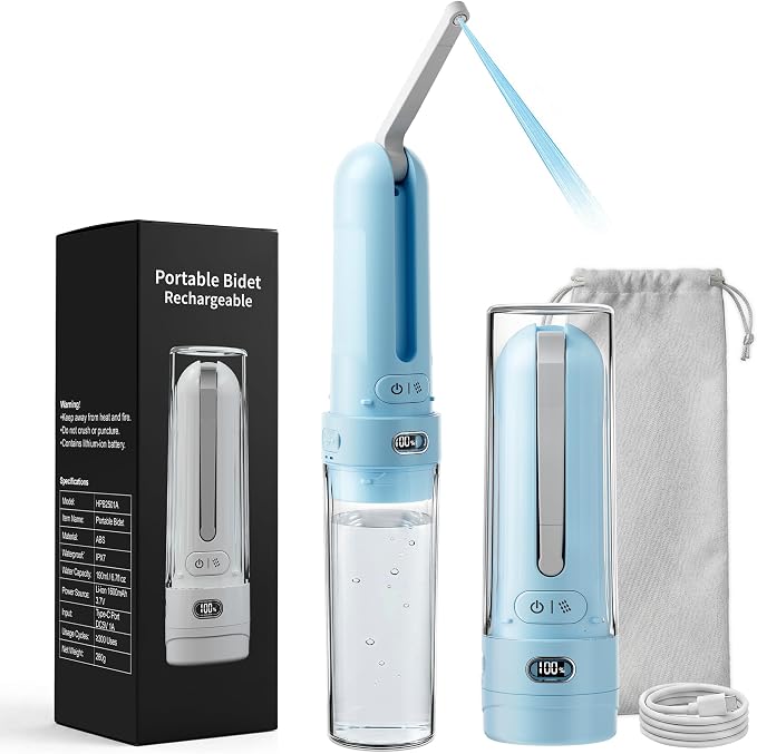 Electric Portable Bidet for Travel & Outdoor, Whisper-Quiet Handheld Sprayer with 3 Pressure Modes, 1600mAh USB-C Rechargeable, IPX7 Waterproof (Sky Blue)