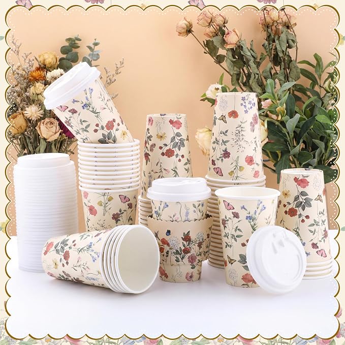 60 Pack Vintage Floral Coffee Cup with Lids Sleeves, 12oz Spring Insulated To Go Coffee Cup Tea Party Cups Disposable Wildflower Paper Cups for Birthday Garden Wedding Baby Bridal Shower Supplies