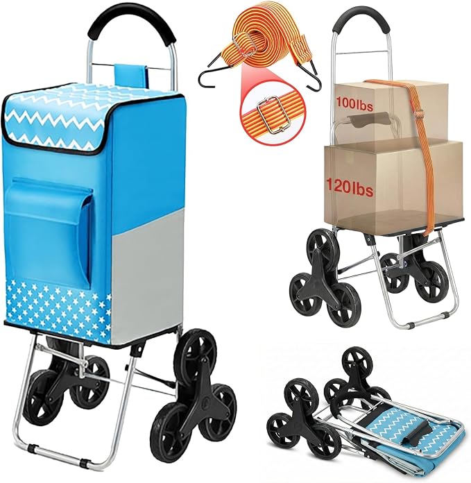 Shopping Cart, 220 lbs Capacity, Foldable Grocery Trolley with Large Bag, Laundry Utility, Adjustable Bungee Cord (Sky Blue)