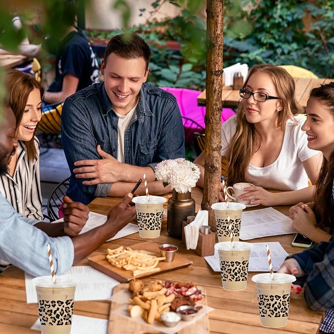 Whaline 50 Pcs Cheetah Plastic Cups with Lids and Straws Leopard Clear Plastic Cups 12 Oz Disposable Cup for Holiday Birthday Party Supplies