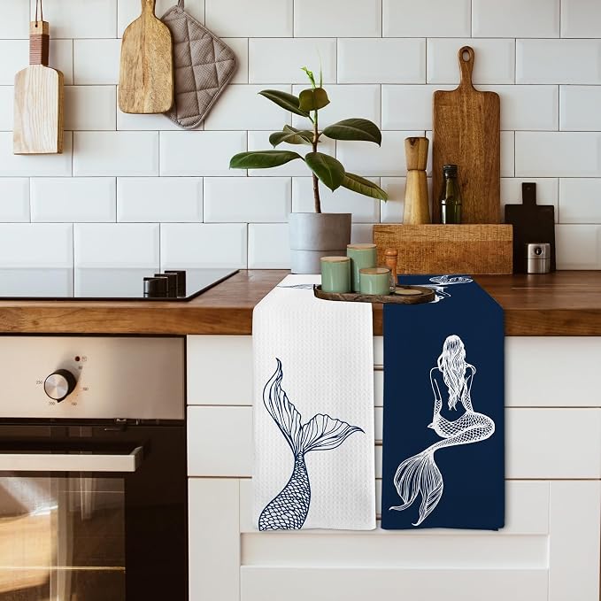 Coastal Mermaid Beach Decor Dish Hand Tea Towels for Bathroom Kitchen, Mermaid Ocean Beachy Bathroom Decor Gifts for Women, Navy Blue Nautical Kitchen Towels and Dishcloths Sets of 2, 16x24in