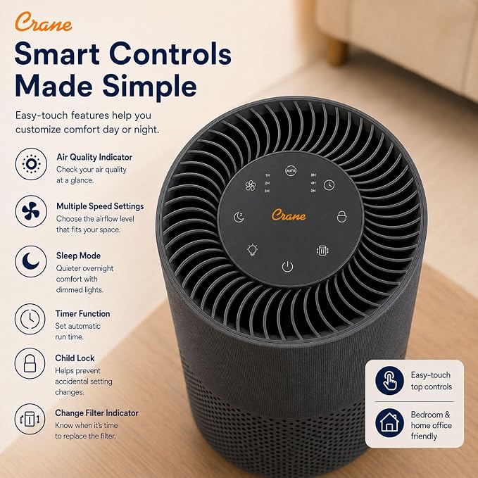 Crane True HEPA Tower Air Purifier for Home, Air Quality Indicator, 500 Sq Ft