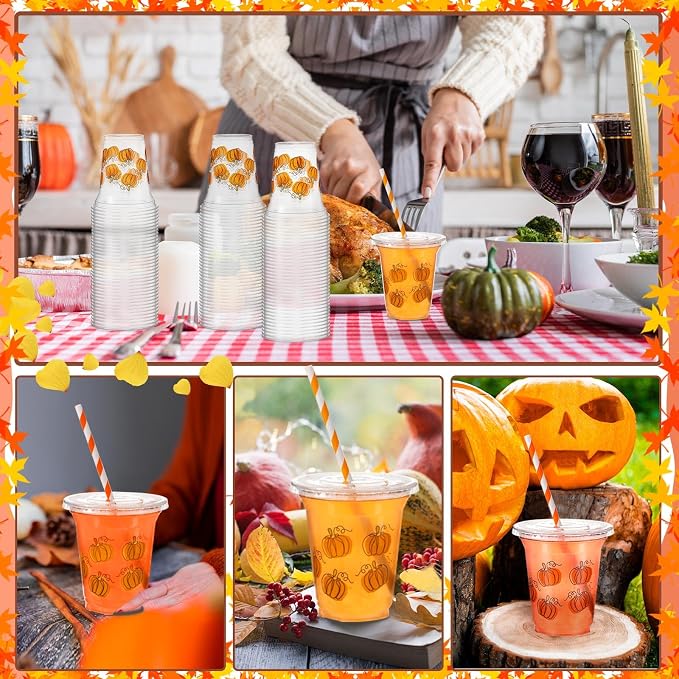Umigy 100 Pack Honey Bee Plastic Disposable Cups with Lids and Straws 12 oz Disposable Cups for Juice Water Coffee Summer Party Sports Party Supplies(Pumpkin)