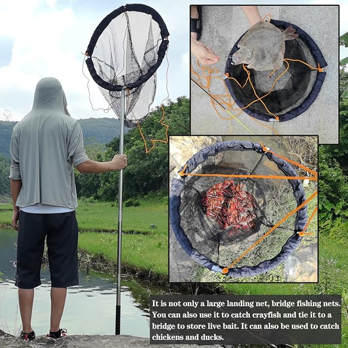 Drasry Large Collapsible Bridge Pier Fishing Net Landing Net with Rod, High Load Aluminum Ring Drop Net for Saltwater and Freshwater Pier Fishing Basket with 49.2 ft. Rope