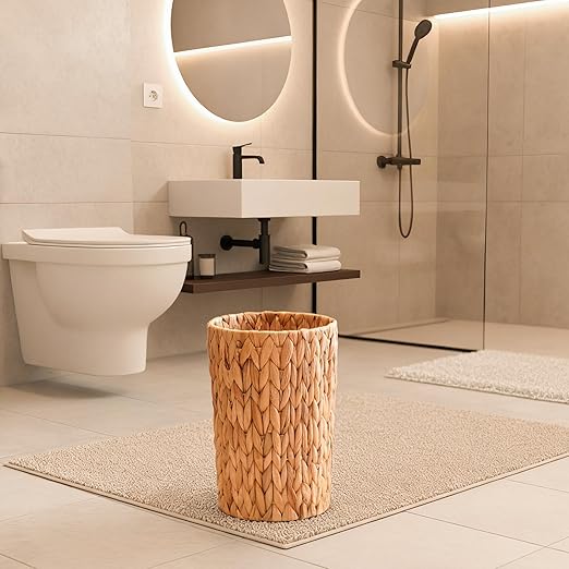 PINXIURY Trash Can, Boho Wicker Waste Basket, Natural Woven Trash Bin, Round Trash Cabinet, Tilt Out Trash Can Cabinet for Bathroom, Office, Bedroom, Water Hyacinth 2 Gallon
