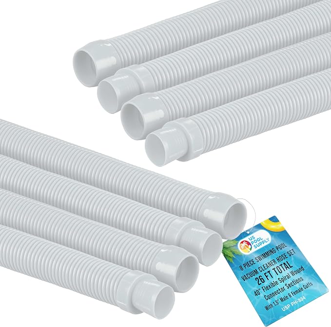 U.S. Pool Supply Pool Vacuum Hose, 8 Piece Pool Hose Set - 40" White Flexible Spiral Wound Connector Sections with 1.5" Male & Female Cuff Ends, Replacement Fits Most Inground Automatic Cleaner Brands