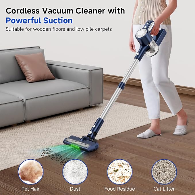 Cordless Vacuum Cleaner: 30KPA Powerful Suction Stick Vacuum, Anti-Tangle | Portable 6-in-1 Rechargeable Vacuum, Green LED Light, Ideal for Pet Hair, Low-Pile Carpets & Hard Floors-Dark Blue