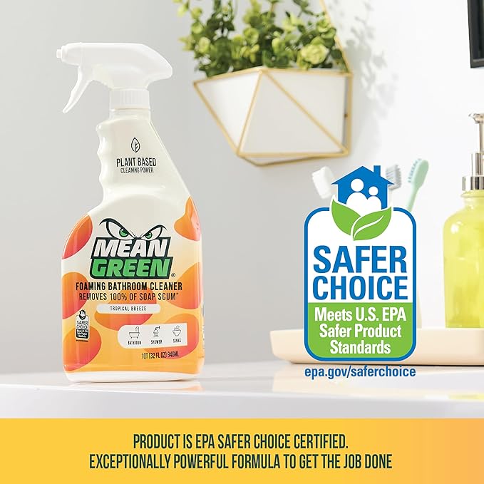 Mean Green Foaming Bathroom Cleaner Spray, Tropical Breeze, 32 oz – Removes 100% of Soap Scum, Shower, Tile, Sink & Bathroom Surfaces