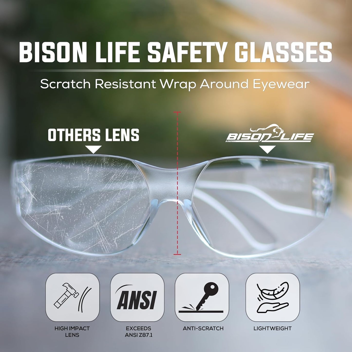 BISON LIFE Safety Glasses - Scratch Resistant Wrap Around Eyewear, Polycarbonate ANSI Z87.1 Impact Resistant Lens