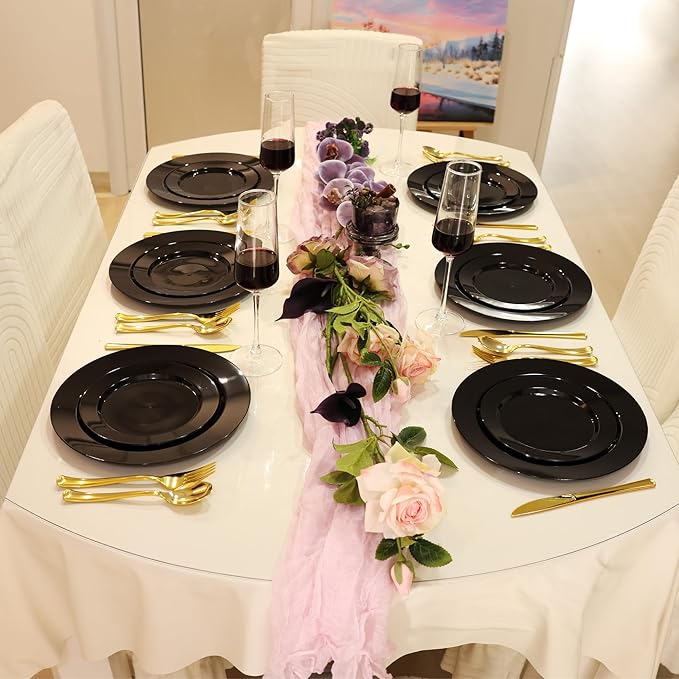 100 PCS Black Plastic Plates, Plastic Black Disposable Plates Include 50 10 inch Dinner Plate and 50 7 inch Dessert Plate Perfect for Party, Wedding