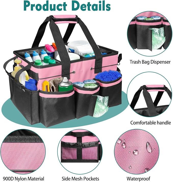 Cleaning Caddy Bag with Foldable Divider & Adjustable Shoulder Strap, Large-Capacity Housekeeping Cleaning Tote for Cleaners, Home, Car, or Horse Grooming Supplies – Heavy-Duty Organizer (Pink)