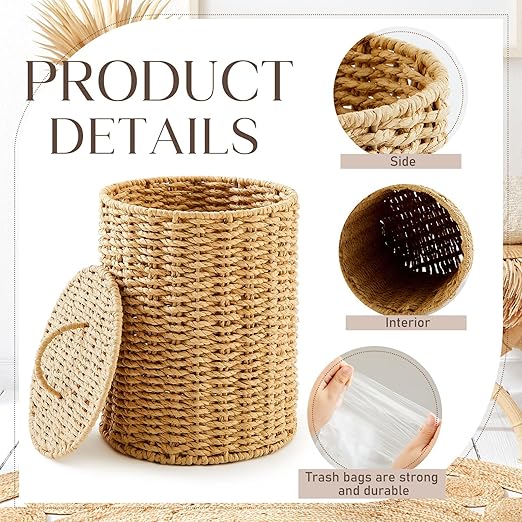 Ctosree 1.3 Gallons Small Trash Can with Lid Handle Boho Woven Braided Bathroom Waste Basket Trash Can with 100 Garbage Bags for Bedroom Office Laundry(Braided Paper Rope, Primary Color)