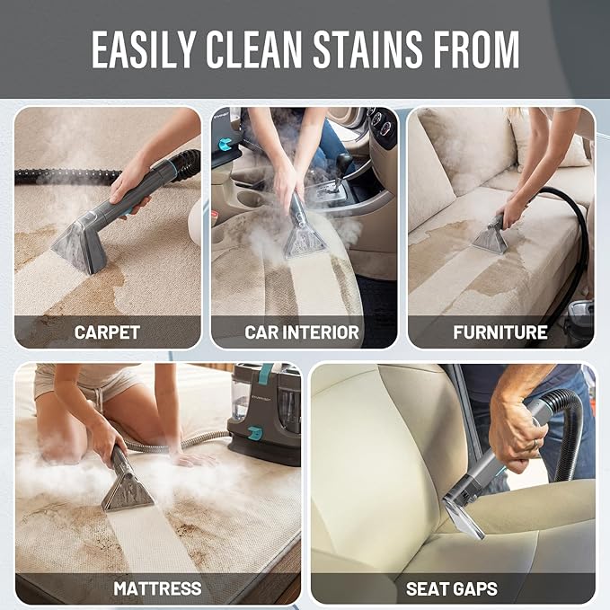 Starrybot Portable Carpet Cleaner Machine with Steam and Heating Techology,18Kpa Powerful Suction with Versatile Tools for Pets, Couch,Spot Cleaner for Stairs/Furniture/Rug(Gray)