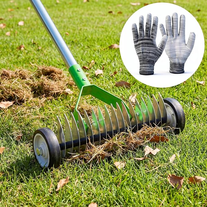 Rolling Thatch Rake for Lawns, 15.28 Inch Steel Dethatcher Rake with Wheels, Adjustable 0-15° Angle & 62.99 Inch Handle, Heavy-Duty Yard Tool for Dead Grass/Moss Removal & Lawn Care