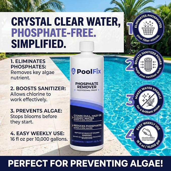 Phosphate Remover – 1 Quart Reduces Phosphates for Cleaner, Clearer Water & Improved Pool Clarity | Professional Grade - 32 oz Bottle